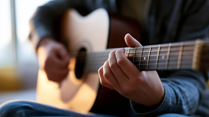 Fototapeta premium Close-up of hands playing an acoustic guitar, capturing music, creativity, performance and artistic expression in a warm intimate setting.