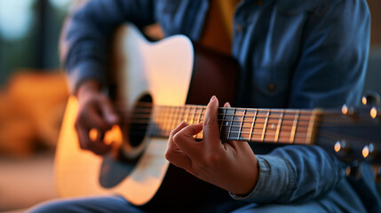 Obraz premium Close-up of hands playing an acoustic guitar, capturing music, creativity, performance and artistic expression in a warm intimate setting.