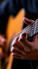 Fototapeta premium Person playing an acoustic guitar in a cozy indoor setting, capturing music, creativity, relaxation and artistic expression.