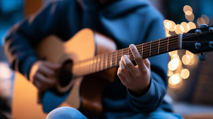 Obraz premium Person playing an acoustic guitar in a cozy indoor setting, capturing music, creativity, relaxation and artistic expression.