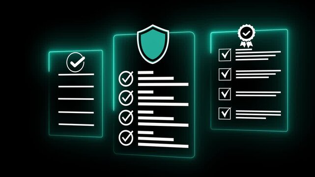 Neon cyan glowing business compliance document animation displaying multi clipboard pages with shield insurance protection icon, task checklist tick marks and quality guarantee badge badge on dark bla