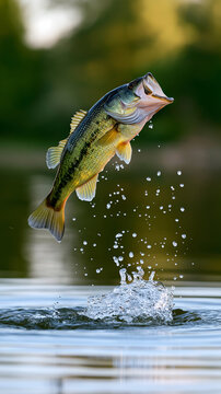 Freshwater fish leaping out of the water with dynamic splashes, capturing sport fishing, wildlife action and the beauty of nature.