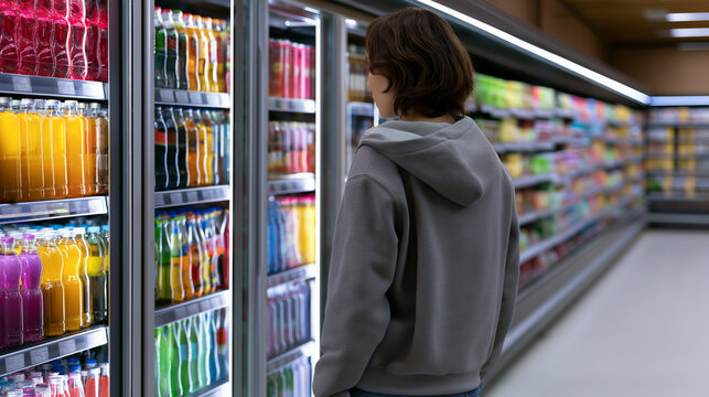 Customer shopping in a supermarket beverage aisle, browsing refrigerated drinks in a modern retail store environment.