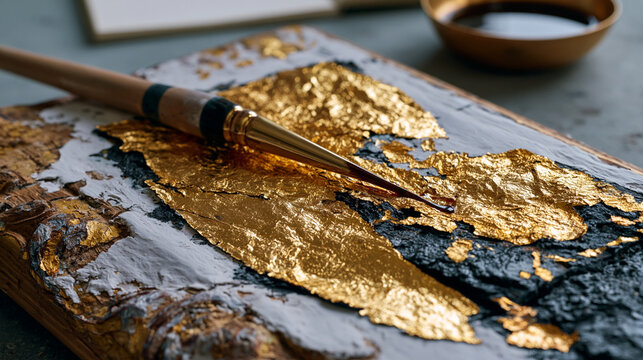 Loose gold leaf sheet adhering to gesso-primed carved wooden frame surface, gilder's tip brush resting beside, oil size mordant application, gilding studio detail, decorative arts conservation, gold
