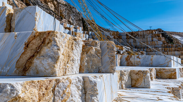 Marble quarry extraction site with massive pale dolomite blocks stacked on terrace levels, raw cut faces exposing crystalline calcite grain, crane rigging cables taut, industrial stone processing, a