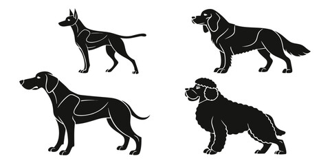 Obraz premium Black silhouette of four dog breeds standing and walking standing dog walking dog