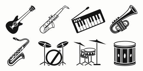 Black silhouette of musical instruments, trumpet, violin, piano, drums, guitar © Abu