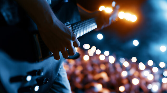 Guitarist performing on stage during a live concert with a cheering crowd and dramatic lights, capturing music, entertainment, energy and live performance.