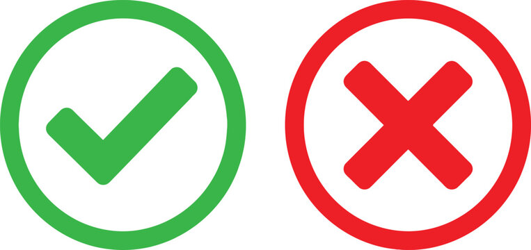 Green check mark and red cross sign icons for true or false and yes or no choice