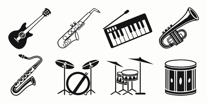 Black silhouette of musical instruments, trumpet, violin, piano, drums, guitar