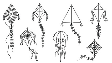 Set of simple line art kites and jellyfish in black and white, whimsical hand drawn style, perfect for coloring pages and decorative elements. © hossain