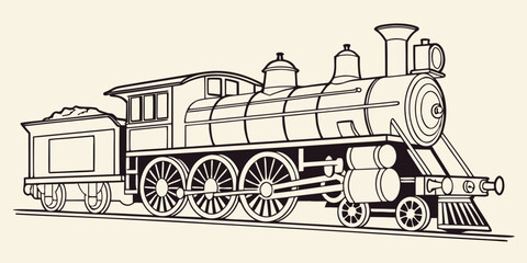 Black and white line of a vintage steam locomotive, side view line vintage train engine © Abu