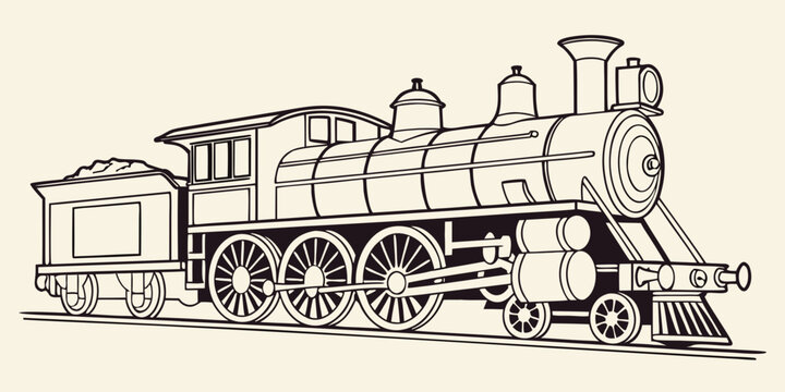 Black and white line of a vintage steam locomotive, side view line vintage train engine