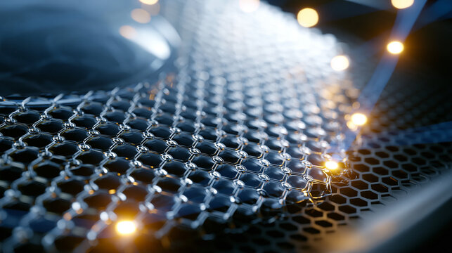 Retinal implant electrode array spread flat against surgical matte tray, platinum microelectrode contacts arranged in precise hexagonal grid, photovoltaic receiver disc gleaming under focused xenon 