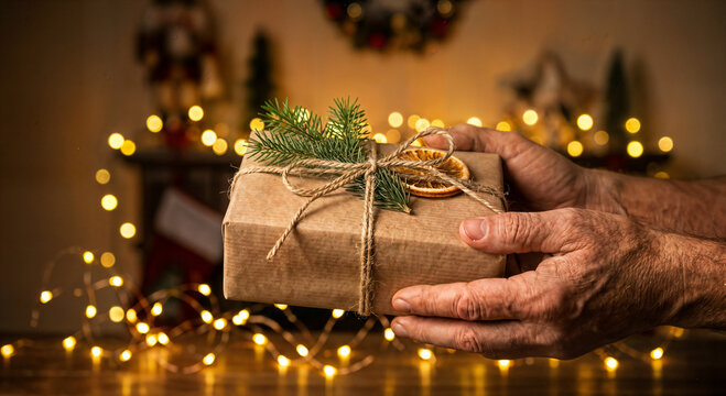 Hands holding beautifully wrapped gift box tied with twine and decorated with pine sprig and dried orange slice, festive holiday theme.