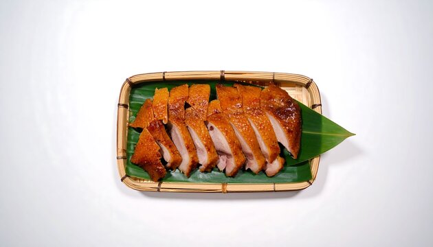 Roasted Duck Slices Served on a Woven Bamboo Tray with Fresh Green Leaf