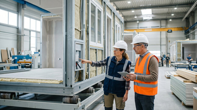 Engineers inspecting modular building frame