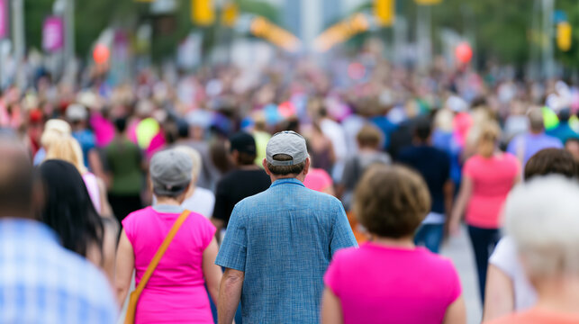 Large crowd of people walking through a busy city street, representing urban life, population density, commuting and modern metropolitan society.