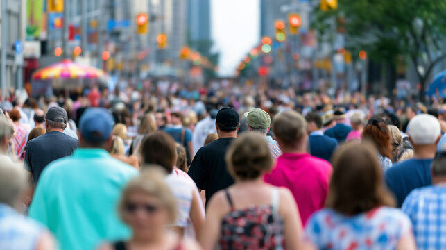 Large crowd of people walking through a busy city street, representing urban life, population density, commuting and modern metropolitan society.