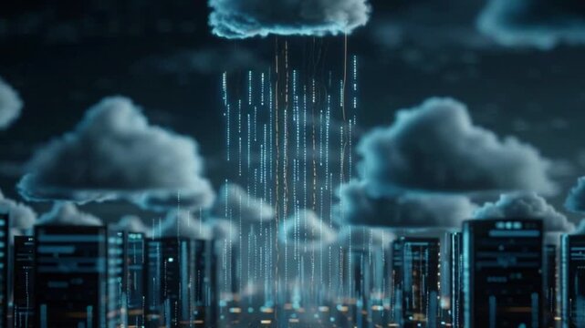 Digital data streams descend from cloud networks to server towers, illustrating advanced cloud computing and technological infrastructure