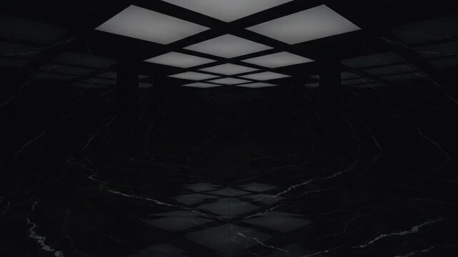 Dramatic Light Extinction in a Symmetrical Abstract Interior with Reflective Surfaces.