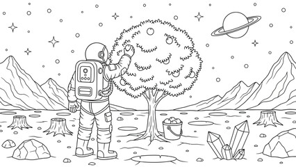 Astronaut picking fruit from tree on alien planet with mountains, crystals, Saturn, stars, simple line drawing coloring page, space exploration. © hossain