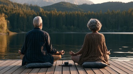 Fototapeta premium Elderly Couple Practicing Meditation Beside Tranquil Lake Amidst Scenic Forest and Mountain Landscape