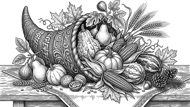 Detailed black and white engraving illustration of a cornucopia horn of plenty overflowing with autumn harvest fruits vegetables and nuts for Thanksgiving celebration