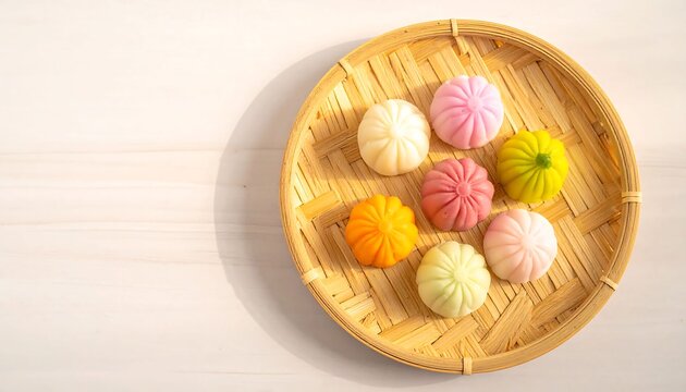 Colorful Traditional Steamed Dumplings in a Bamboo Basket