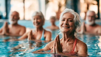 Fototapeta premium Senior Group Participating in Aqua Yoga Session in a Relaxing Indoor Pool Environment