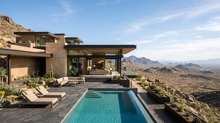 Fototapeta premium Modern desert luxury villa with infinity pool and mountain landscape