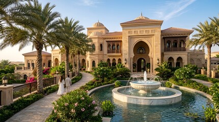Obraz premium Luxurious Arabic Mansion with Fountain and Palm Trees