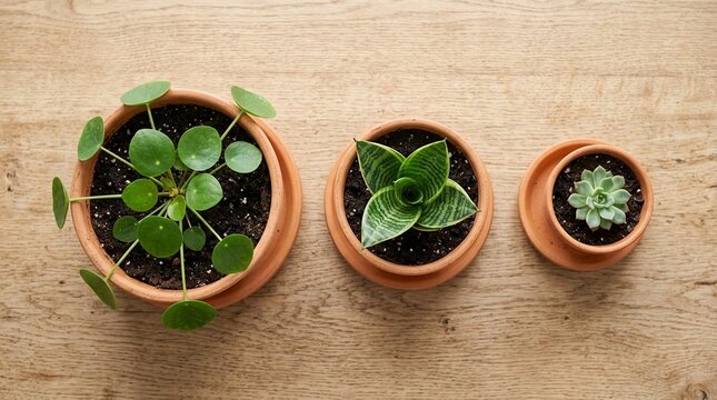 Terracotta plant pot with saucer trio of sizes flat lay overhead product