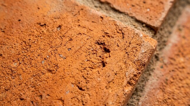 Hand-made terracotta floor tile in warm orange close-up texture detail
