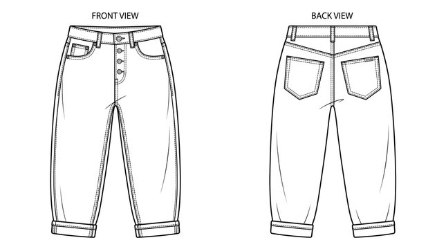 High Rise Tapered Jeans Technical Flat, Front and Back View