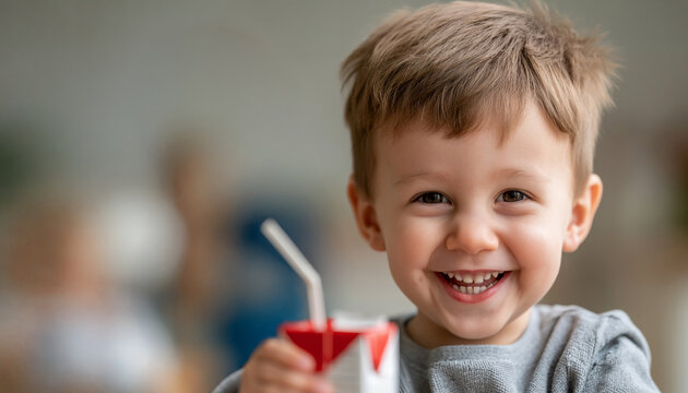 Cute little boy smiling at the camera while holding a juice box, cheerful childhood portrait with healthy refreshment and joyful expression