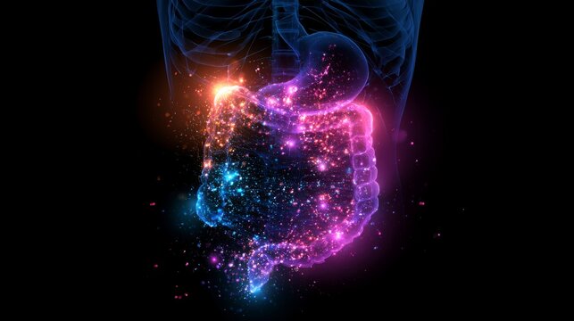 Glowing Holographic Representation of Human Abdomen Anatomy with Data Points and Colorful Effects