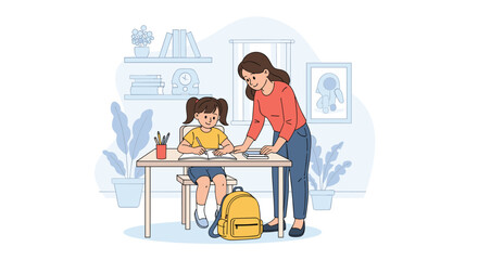 Fototapeta premium Caring teacher standing next to a young student and providing guidance while she works on her school assignments at a desk.