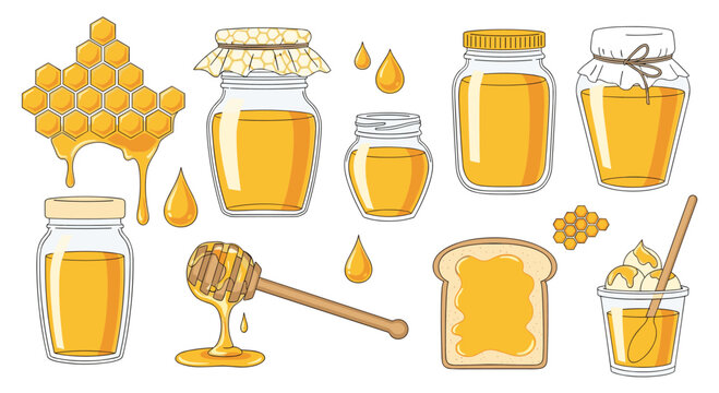 Comprehensive collection of honey items including jars, honeycombs, drippers, bread with honey, and yogurt toppings in a detailed style.