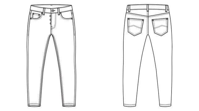 Pocket Slim Jeans Technical Flat, Front and Back View
