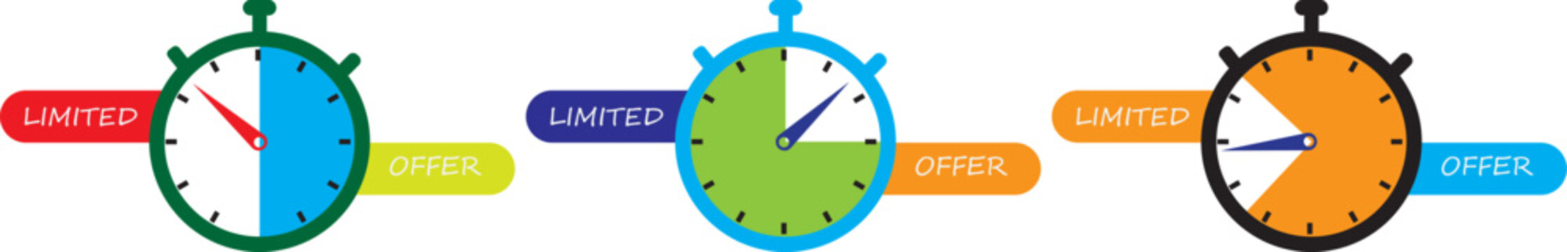 Limited Offer Countdown Timer Icons, Stopwatch Badge Set, Time Deal Promotion Label Illustration, Sale Urgency Clock UI Elements, Marketing Discount Timer Graphics
