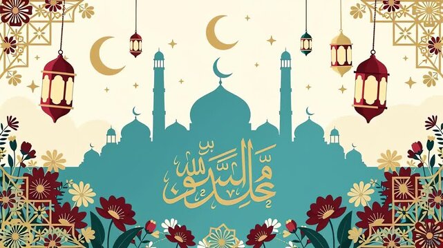 Animated Islamic Background with Mosque and Mawlid Calligraphy