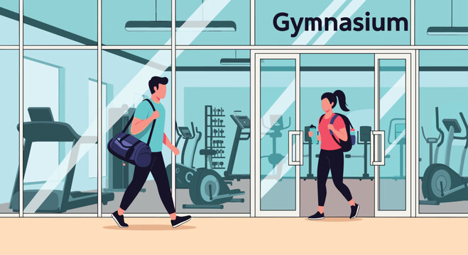 Modern gymnasium entrance showing a man with a duffle bag and a woman with a backpack entering or leaving the glass-fronted fitness center.