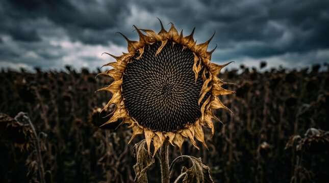 Withered sunflower in a dark, moody field under a stormy sky