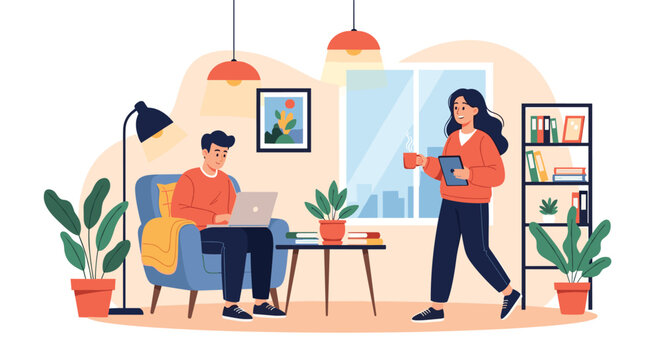 Couple working from home together in a modern and cozy apartment living room with laptop and digital tablet devices.