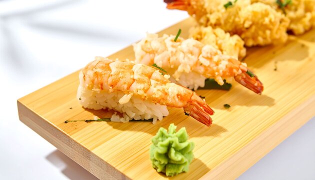 Crispy Golden Shrimp Tempura Sushi Platter on Wooden Board