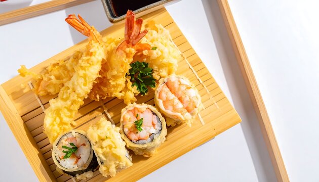 Crispy Tempura Shrimp and Fried Sushi Rolls on Wooden Tray