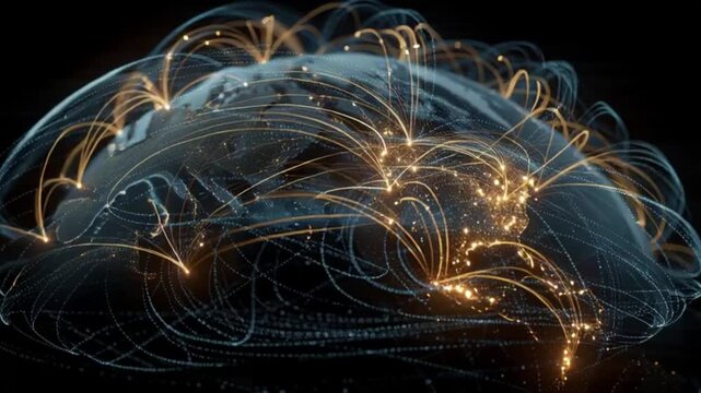 Global digital communication network connecting world map with glowing light lines representing internet database transmission
