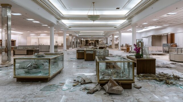 Abandoned Retail Store Interior Featuring Broken Display Cases and Debris in a Deteriorating Environment