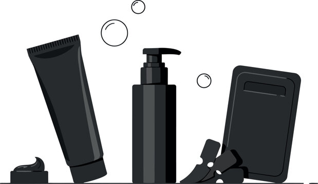 Flat vector illustration of a men charcoal skincare grooming product set with face wash pump bottle cream tube soap bar and foam bubbles
